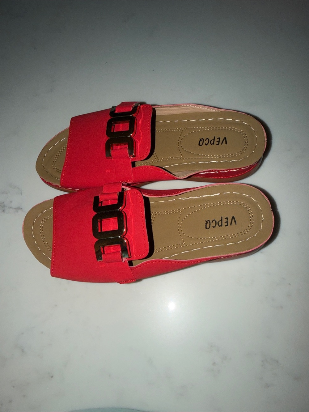 Red Slide Mules with Gold Chain Accent - Picture 3 of 3